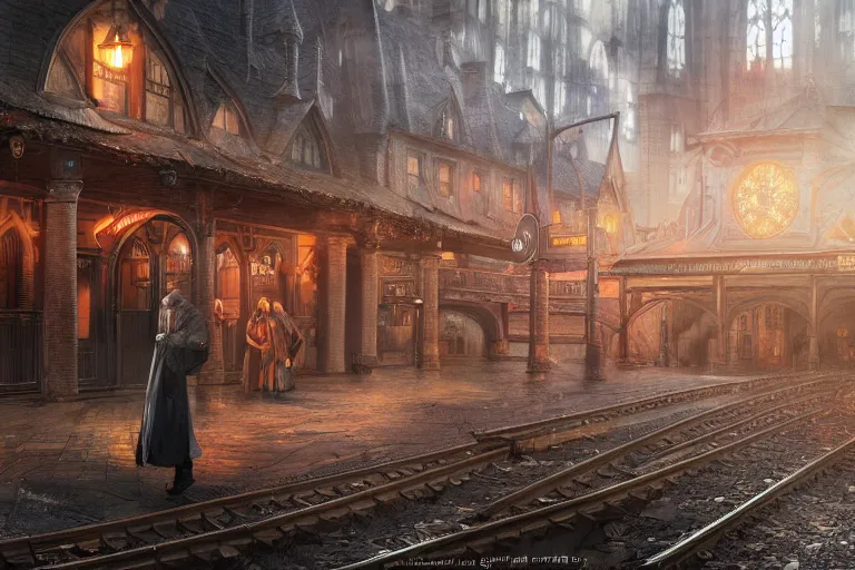 Image similar to some wizard waiting in hogwart train station in quiet dark city, hyper detailed, orange red blue tones dramatic lighting, cgsociety, realistic, hyper detailed, insane details, intricate, dramatic lighting, hypermaximalist, golden ratio, rule of thirds, octane render, weta digital, micro details, ultra wide angle, artstation trending, 8 k,