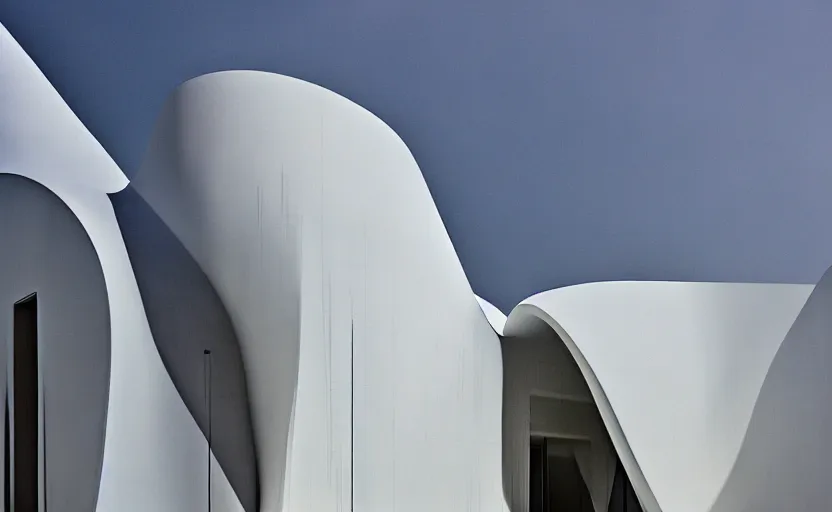 Prompt: exterior painting of a white architecture by zaha hadid and peter zumthor painted by greg ruthkowski, cinematic and atmospheric lighting