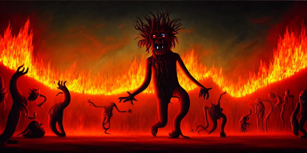 Image similar to repressed emotion creatures and monsters riot in a fiery wasteland, dramatic lighting glow from giant fire, attempting to escape to the surface and start a revolution, in a dark surreal painting by ronny khalil