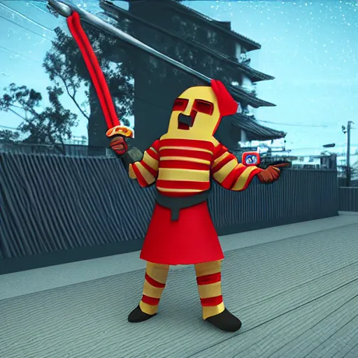Image similar to warrior of the burger, man wearing burger suit whilest holding a katana, realistic, hdr, clear image, hdd, dynamic lighting,