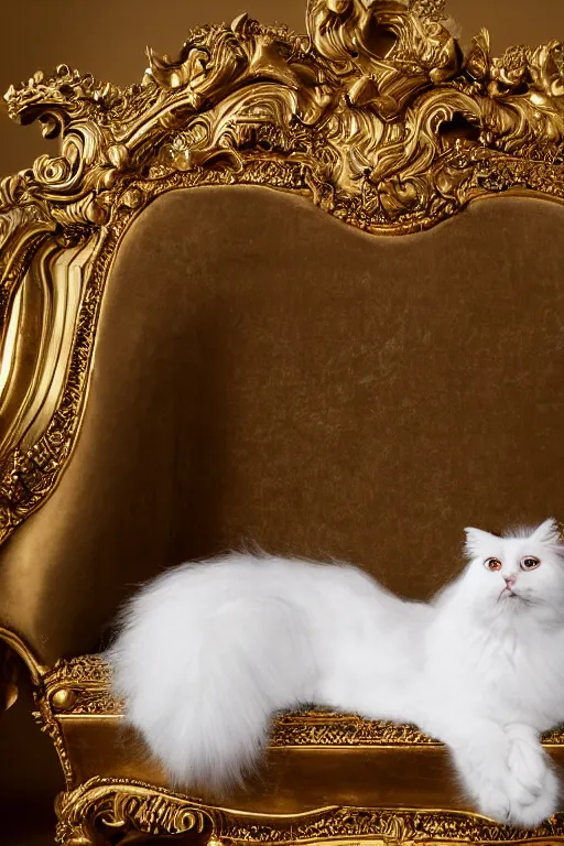 Prompt: a silver gelatin photo portrait of a royal cat, outrageously fluffy, on an embroidered velvet cushion on a neo - rococo gilded little bed, by david lachapelle, photorealistic, photography, wide shot