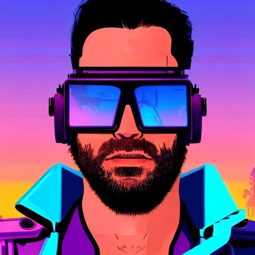 Prompt: 3 / 4 view closeup portrait of johnny silverhand from cyberpunk 2 0 7 7 with light blue shutter shades in front of a sunset, a dark purple leather jacket, vector art by jan tengnagel, pixabay contest winner, retrofuturism, retrowave, synthwave, outrun, portrait, synthwave