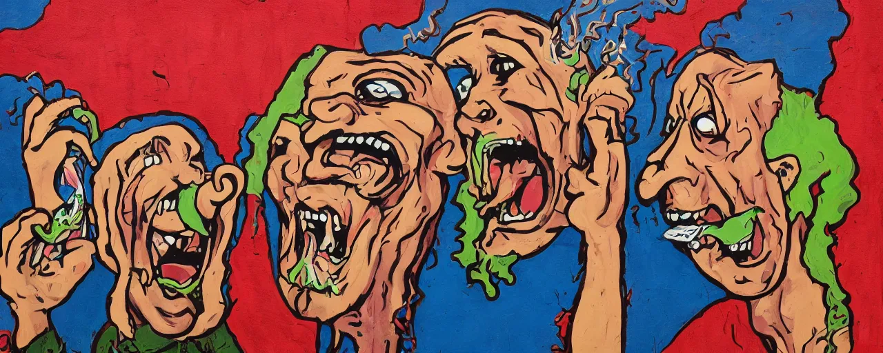 Image similar to portrait of a mad man screaming eating another head, Santacruz art style