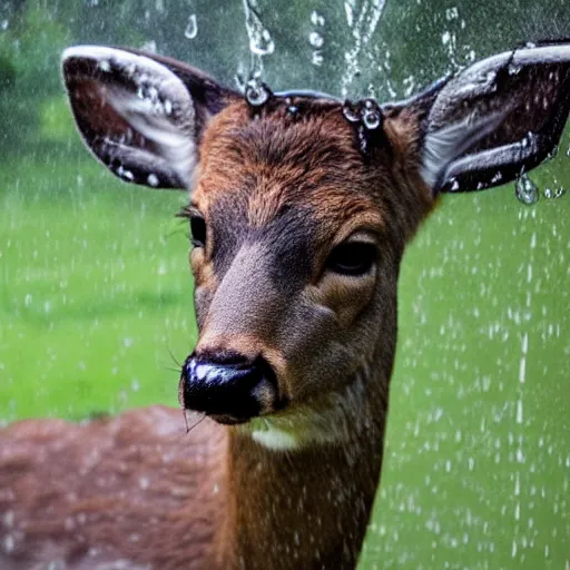 Image similar to 4 k hdr wide angle detailed portrait of a deer soaking wet standing in the rain showers during a storm with thunder clouds overhead and moody stormy lighting sony a 7