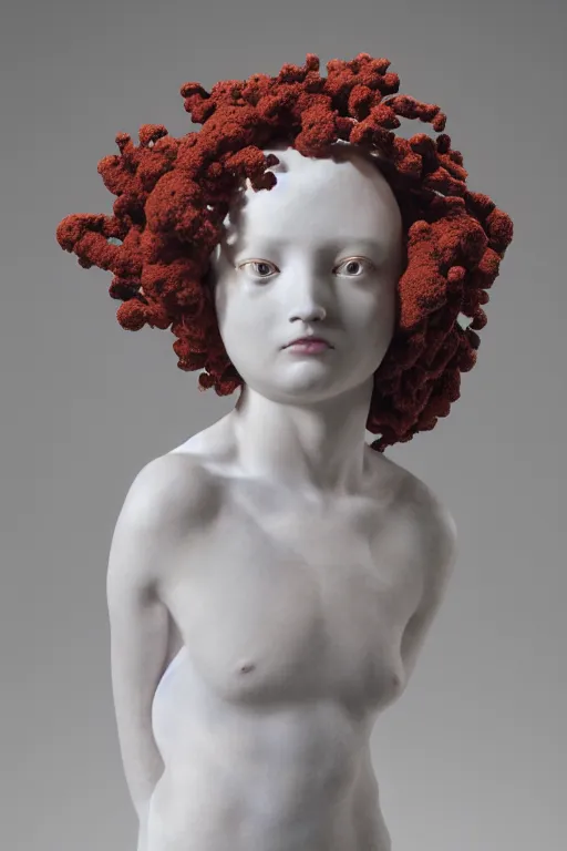 Prompt: full head and shoulders, beautiful female white, porcelain sculpture, with complex colourful plastic coral sea anemones on her head by daniel arsham and james jean, on a white background, delicate facial features, white eyes, white lashes