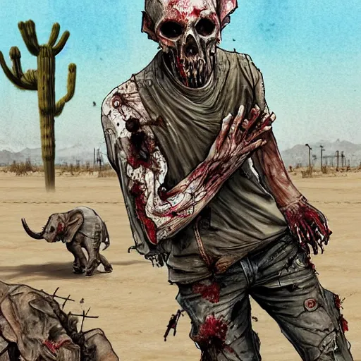 Prompt: a sketch of a decomposing zombie in a post - apocalyptic desert, gta 5 cover art style, the desert is in watercolor, elephant skull, pencil, intermediate art, paper art, pencil, bold lines, humans with apocalypse clothes on in the background, by an gta 5 loading screen artist