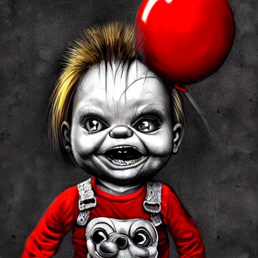 Image similar to surrealism grunge cartoon portrait sketch of chucky with a wide smile and a red balloon by - michael karcz, loony toons style, wall-e style, horror theme, detailed, elegant, intricate