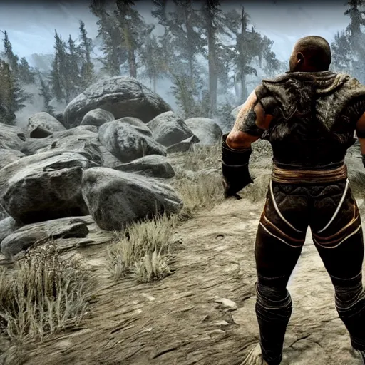 Image similar to character screenshot of ufc commentator daniel cormier dc in skyrim, warrior armor, npc talking, wilderness, 1 0 8 0 p, bokeh, elder scrolls v, detailed, dialog text