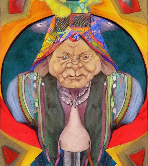 Image similar to Portrait painting in a style of Hieronim Bosch of an old shaman dressed in a colorful traditional clothes.