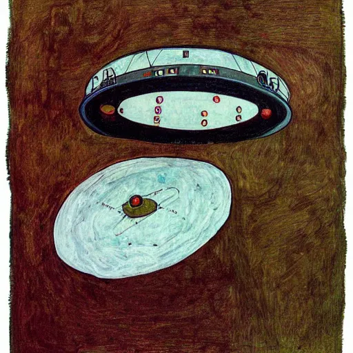 Image similar to painting of a ufo in the style of egon schiele