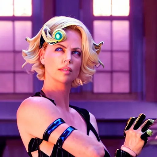 Image similar to cinematic scene with charlize theron as jolyne from jojo's bizarre adventure, live action film, stone ocean, dramatic, small details, volumetric lighting, still frame