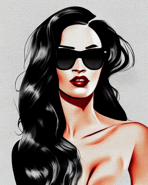 Prompt: closeup portrait of film noir angry megan fox with long windblown hair in a black party dress wearing ray ban sunglasses, china town blade runner, glamour pose, detailed illustration, digital art, trending on artstation, arney freytag, patrick nagel, graffiti, gta 5,