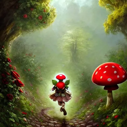 Prompt: portrait of Toad, running through a forest, in the Mushroom Kingdom, giant red and white spotted mushrooms, and roses, from behind, Castle in distance, birds in the sky, sunlight and rays of light shining through trees, beautiful, solarpunk!!!, highly detailed, digital painting by Michael Garmash and Peter Mohrbacher