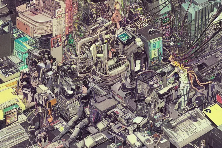 Image similar to a hyper-detailed cyberpunk illustration with a bunch of android females lying over an empty floor, with their broken bodies open and a mess of cables and wires coming out, by masamune shirow and katsuhiro otomo