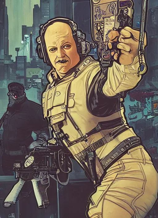 Image similar to cyberpunk paul blart fighting real cop. portrait by ashley wood and alphonse mucha and laurie greasley and josan gonzalez and james gurney. spliner cell, apex legends, rb 6 s, hl 2, d & d, cyberpunk 2 0 7 7. realistic face. vivid color. dystopian setting.