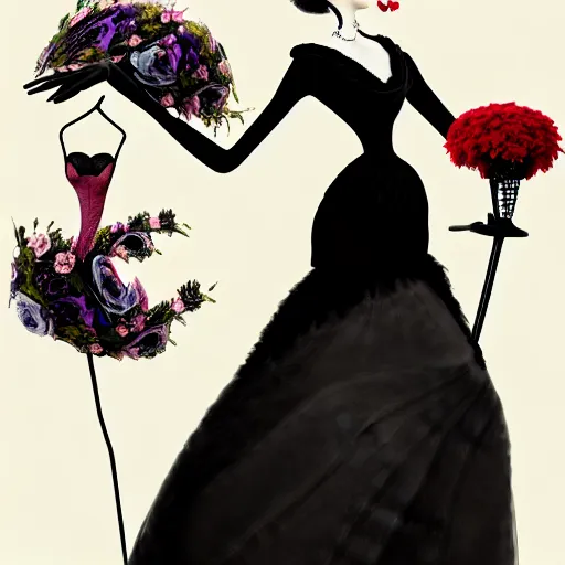 Image similar to portrait of an absurdly graceful, elegant, slender, sophisticated woman wearing black victorian dress, covered in flowers, by dr seuss, tex avery, intricate, beautiful, artstation 8 k