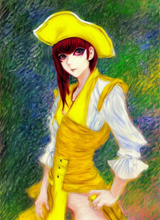 Image similar to a portrait of a female pirate, electric yellow uniform, very anime in impressionist style, anime trending artwork, anime painter studio, by claude monet