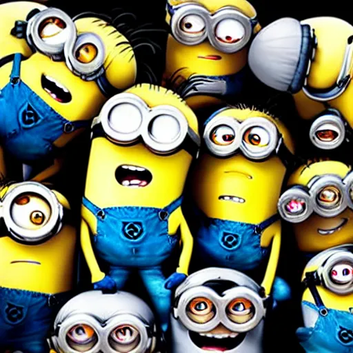 Image similar to photograph of several minions from despicable me being compacted by a trash compactor