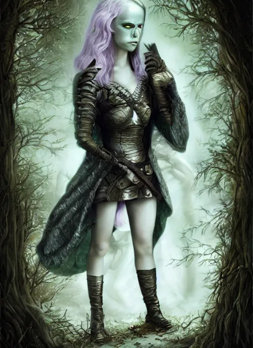 Image similar to medieval female warrior, green eyes, dark forbidden forest, wolves, white cat, in the style of Lecouffe-Deharme and Natalie Shau