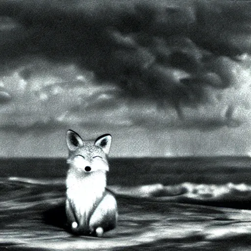 Image similar to anthropomorphic fox who is a medieval knight standing steadfast towards a stormy ocean, 1930s film still