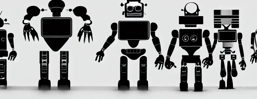 Image similar to an evolution diagram from left to right of robots, 8 k, hyper realistic. the left side robots are shorter, led lights, dancing