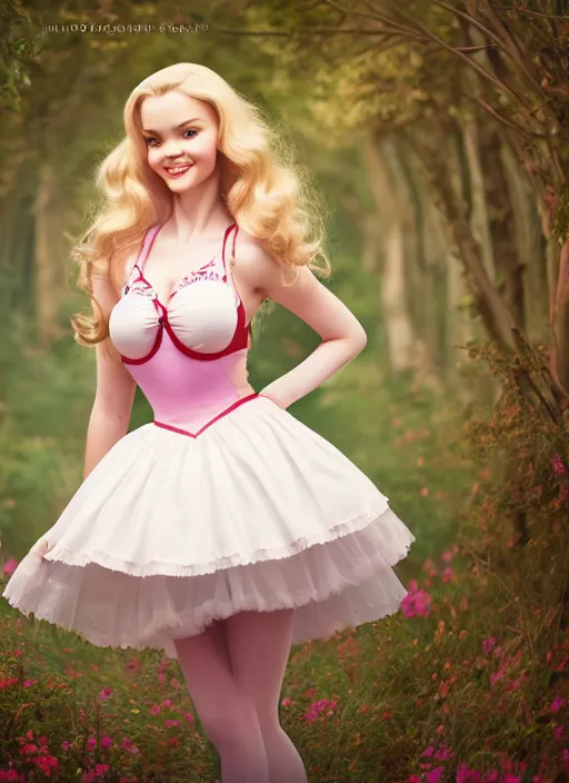 Prompt: beautiful portrait of a young woman with a perfect body who is a perfect blend of kate upton and dove cameron dressed like alice from alice in wonderland, photography, high definition, 8 k resolution, retouched, glamour