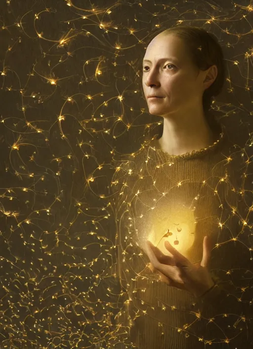 Image similar to portrait of a women with no vision who invented time surrounded by dreams made from fireflies, modern fine art, fractal, intricate, elegant, highly detailed, digital photography, subsurface scattering, by jheronimus bosch and greg rutkowski,