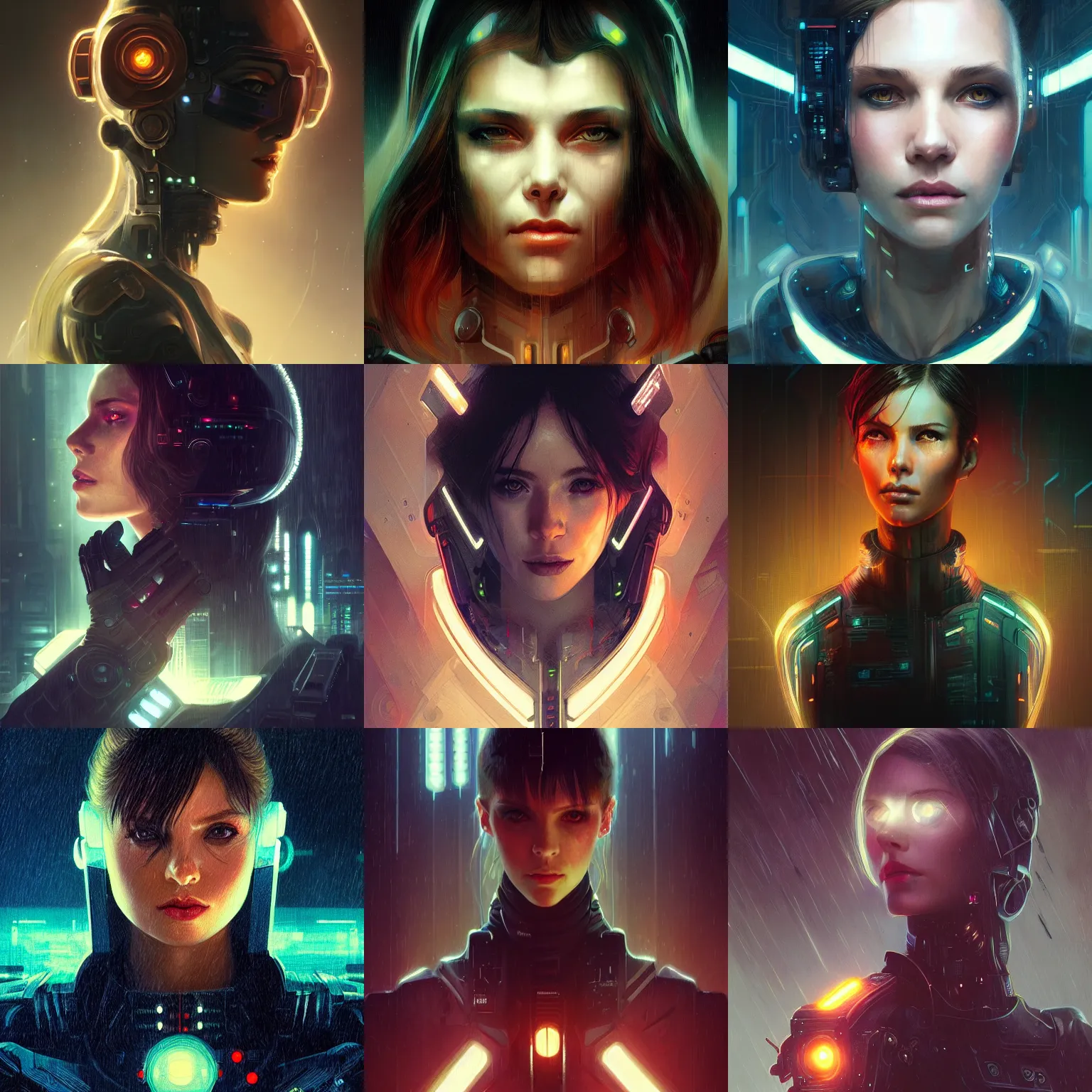 Prompt: headshot of female, scifi, cyberpunk, blade runner, glowing lights, tech, biotech, techwear, intricate, royal, highly detailed, digital painting, artstation, concept art, smooth, sharp focus, illustration, art by artgerm and greg rutkowski and alphonse mucha