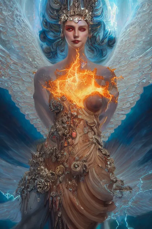 Image similar to goddess angel of tranquility, torso closeup model wearing exploding fire crystal dress, sorcerer, diamonds, angel, fantasy, dramatic lighting, highly detailed, digital painting, holding electricity, magic the gathering, hyper detailed, 3 d render, hyper realistic detailed portrait, peter mohrbacher, wlop, ruan jia