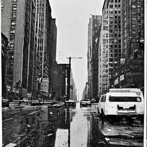 Image similar to an award winning photo of postapocalyptic new york, by helen levitt, ultra detailed, rainy, beautiful