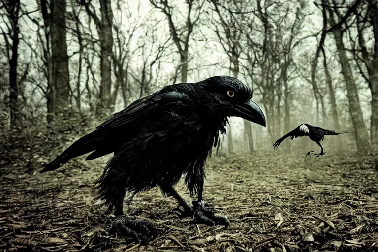 Image similar to werecreature consisting of a crow and a human, photograph captured in a dark forest