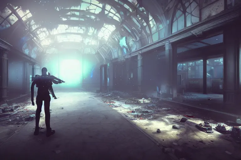 Prompt: a surrealistic painting of a first person shooter game trailer on a abandoned victorian shopping mall, cinematic lightning, ray tracing, unreal engine 5, photorealistic fps game concept art, detailed, dark, moody, foggy