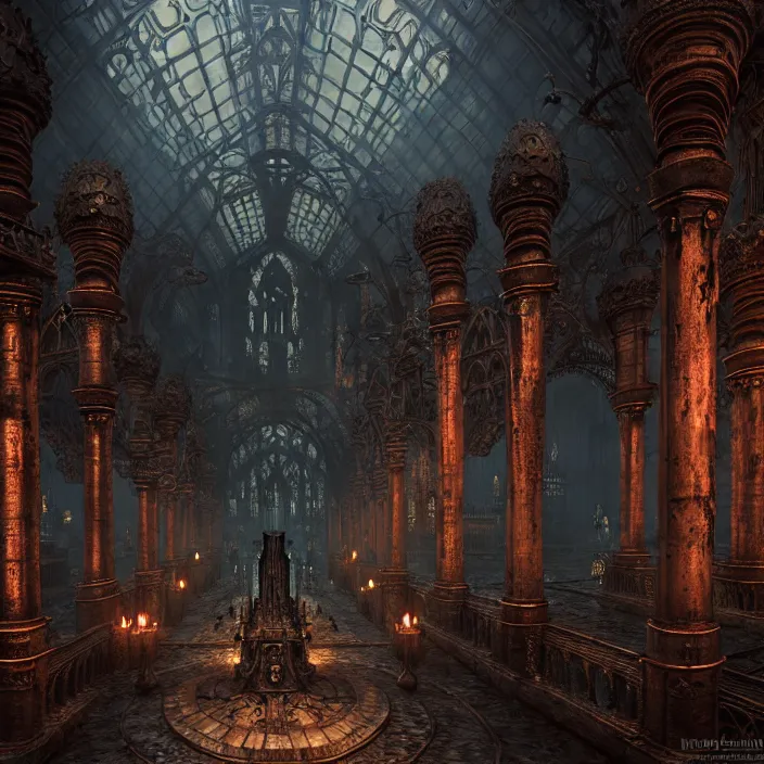 Image similar to steam necropolis, memento mori, gothic, neo - gothic, art nouveau, hyperdetailed copper patina medieval icon, stefan morrell, philippe druillet, ralph mcquarrie, concept art, steampunk, unreal engine, detailed intricate environment, octane render, moody atmospherics, volumetric lighting, ultrasharp, ominous, otherworldly