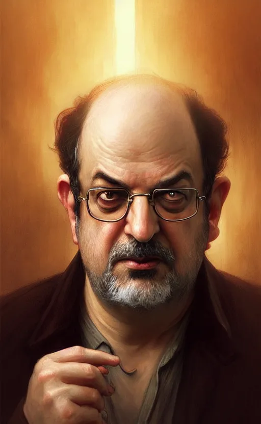 Image similar to portrait of salman rushdie, deep focus, d & d, fantasy, intricate, elegant, highly detailed, digital painting, artstation, concept art, matte, sharp focus, illustration, art by artgerm and greg rutkowski and alphonse mucha