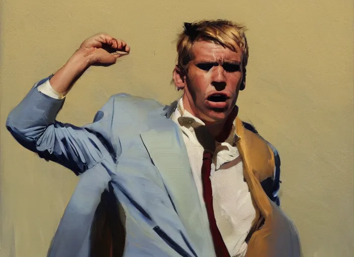 Image similar to greg manchess portrait of a defeated blond man in a blue suit on the ground in an arena, profile picture, organic painting, sunny day, matte painting, bold shapes, hard edges, street art, trending on artstation, by huang guangjian, gil elvgren, ruan jia, randy vargas, greg rutkowski