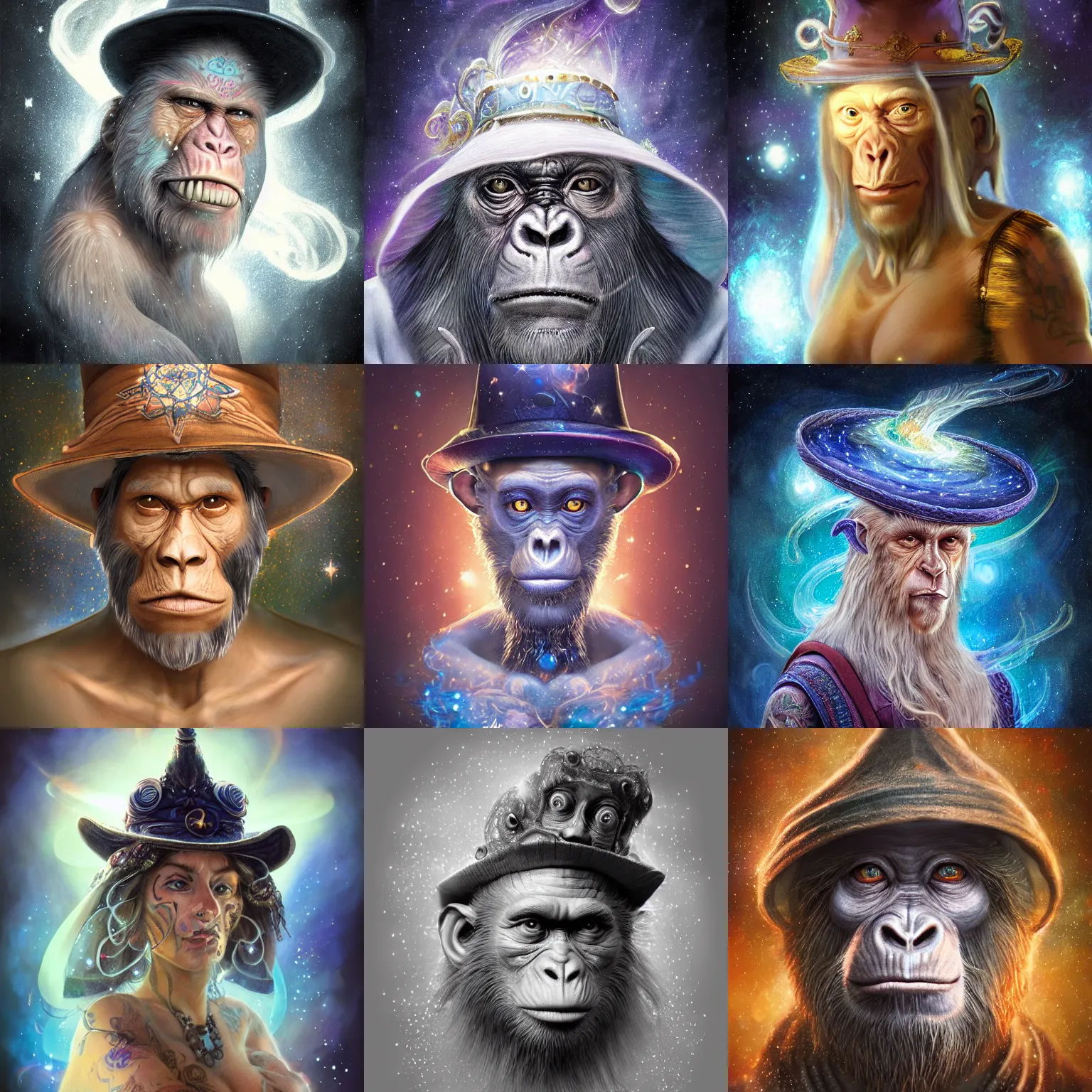 Prompt: a wlop 3 d render of very very very very highly detailed beautiful mystic portrait of a young ghost ape mage in a hat with whirling galaxy around, tattoos by anton pieck, intricate, extremely detailed, digital painting, artstation, concept art, smooth, sharp focus, illustration, intimidating lighting, incredible art,