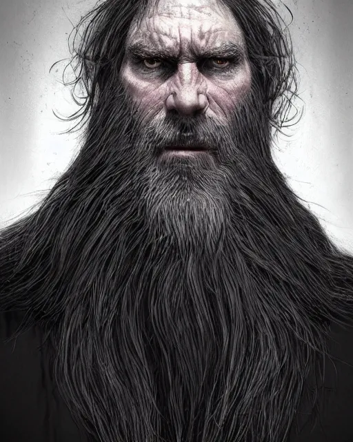 Prompt: portrait of a 6 0 - year - old giant man with long tangles of bushy black hair and beard hiding most of his face, wearing in black cloak, hyper realistic face, beautiful eyes, character art, art by mark brooks, hyperdetailed, cryengine, trending on artstation, digital art