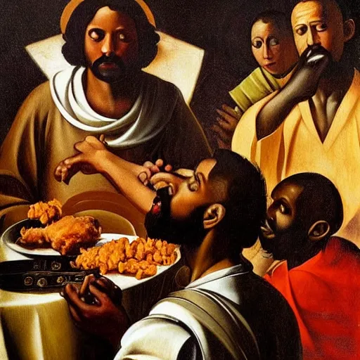 Prompt: black jesus eating fried chicken during the great war, oil painting, sacred art, illustration, caravaggio