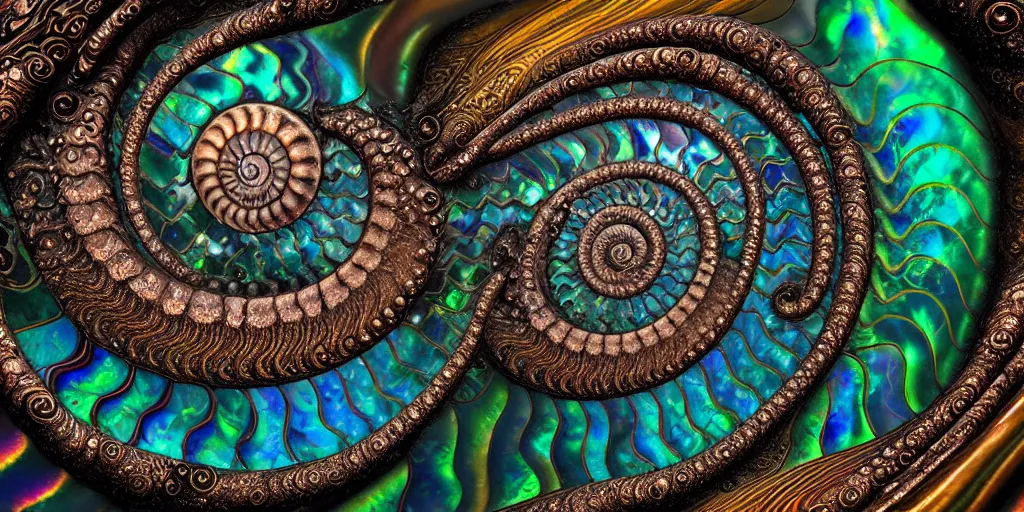 Prompt: art nouveau cresting oil slick waves, ammonite, bubbles in a shiny iridescent oil slick wave, black opals, ornate copper patina art nouveau spiral ornament, rococo, organic rippling spirals, hyperdetailed photorealistic ultrasharp octane render