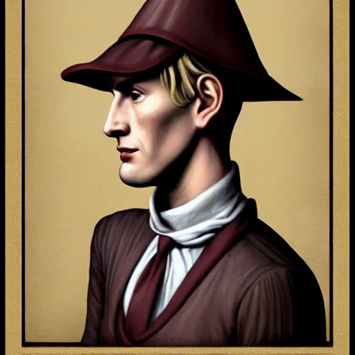 Image similar to A Crusader Kings II portrait of a blond young English man with high cheekbones. Good bone structure. Dressed in 1940s style. Highly detailed, fine Art, high detail, great lighting, 8k resolution, masterpiece, concept art, illustration, clear eyes, painting oil on canvas, octane render, HDR, trending on artstation, 4k, 8k, HD