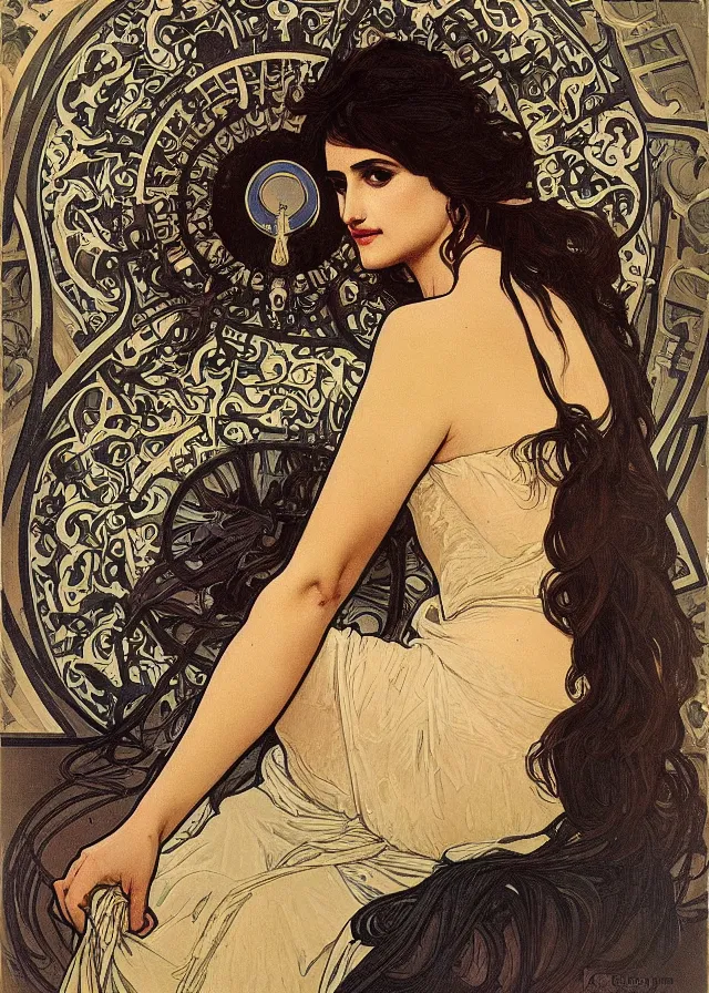 Image similar to portrait of penelope cruz, artwork by alphonse mucha