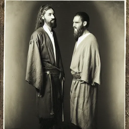 Prompt: two men stand beside one another, an alchemist and a shaman, ancient esoteric era, studio photography