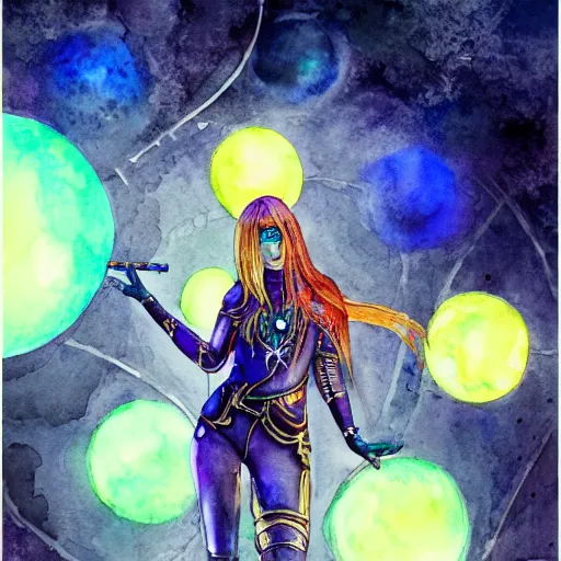 Prompt: Path of Exile, Maven, watercolour painting, female image with purple hair among colourful lights, dark blue spheres fly around, dark fantasy, steampunk, 4k,