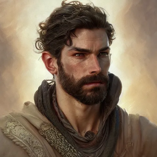 Image similar to portrait of a rugged male, D&D, fantasy, intricate, elegant, highly detailed, digital painting, artstation, concept art, smooth, sharp focus, illustration, art by artgerm and greg rutkowski and alphonse mucha