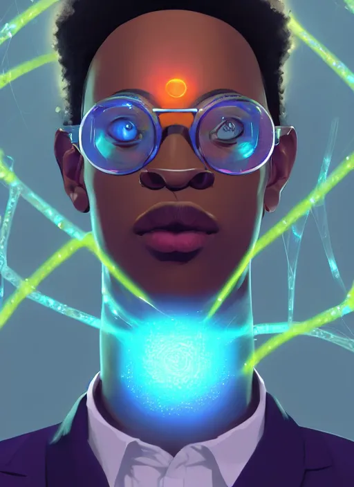 Image similar to afro - futurist scientist ( male, masculine ) in a lab studying holographic schematics + medium length shot | hyperrealistic digital painting by makoto shinkai, ilya kuvshinov, lois van baarle, rossdraws | afrofuturism, in the style of hearthstone, trending on artstation | orange palette and complimentary colors
