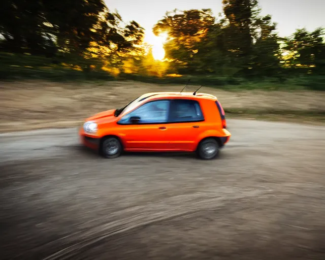 Image similar to border collie dog in the driver's seat of an orange nissan note, paws on wheel, car moving fast, rally driving photo, award winning photo, golden hour, front of car angle, extreme horizontal motion blur, 3 0 0 mm lens