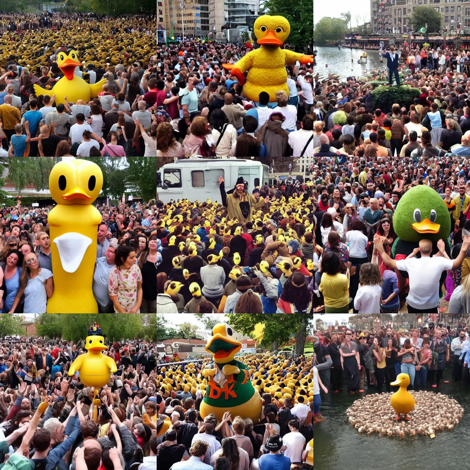 Prompt: the duck king, surrounded by people worshipping it