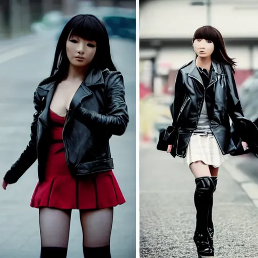 Image similar to a dynamic, epic cinematic 8K HD movie shot of a japanese young J-Pop idol girl wearing leather jacket, miniskirt, nylon tights and high heels boots. Motion, VFX, Inspirational arthouse