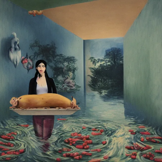 Image similar to tall emo female artist holding a pig's trotter in her flooded kitchen, pomegranates, octopus, water gushing from ceiling, painting of flood waters inside an artist's apartment, a river flooding indoors, ikebana, zen, rapids, waterfall, black swans, canoe, berries, acrylic on canvas, surrealist, by magritte and monet