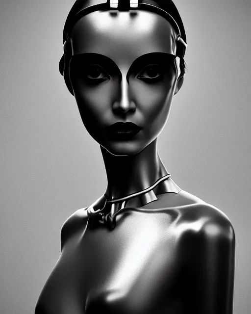 Image similar to surreal mythical dreamy dark artistic black and white fine art 3 / 4 fashion portrait photo of a young beautiful delicate female robot with orchid - owl face, rim light, cinematic, studio dramatic light, poetic, masterpiece, octane render, 8 k, photo - realistic by hg giger